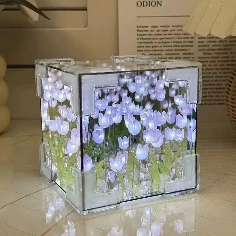 DIY Tulip Mirror Cube Lamp Flower Table Lamp Handmade Romantic Valentine'S Day Lamp Tulips Home Decorations Gift for Girlfriend