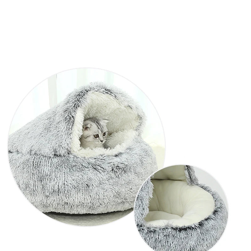 2 in 1Pet Dog Cat Bed round Plush Cat Warm Bed House Soft Long Plush Bed for Small Dogs Cats Nest Donut Warming Sleeping Bed